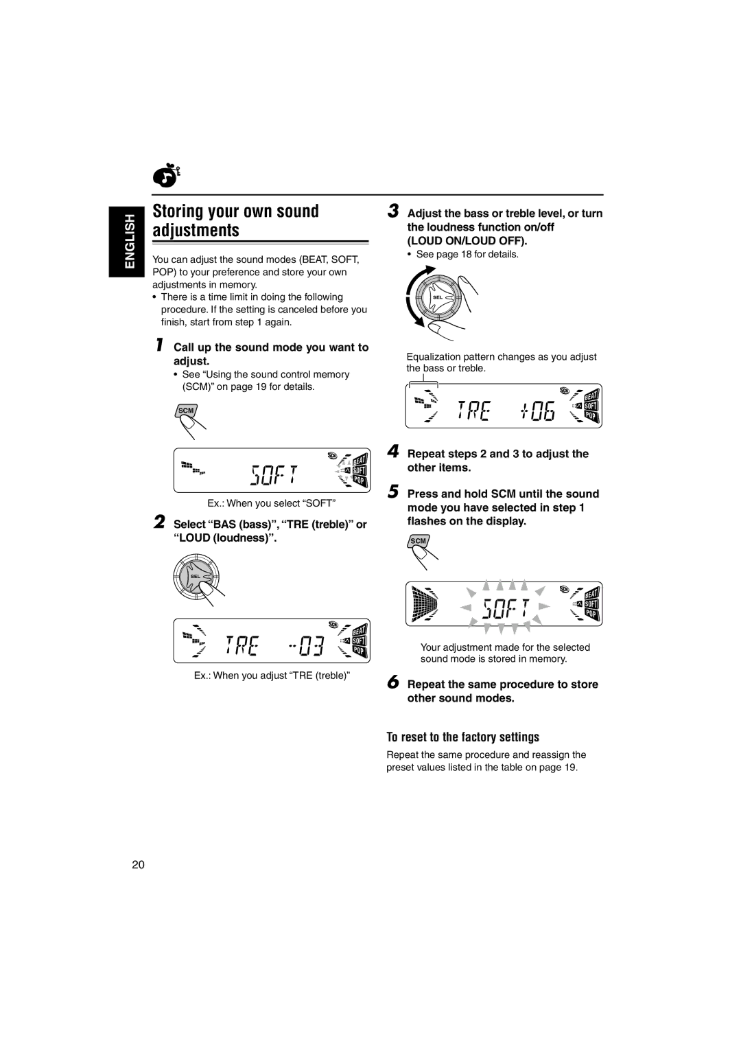 JVC KD-S735R manual Storing your own sound, Adjustments, To reset to the factory settings 