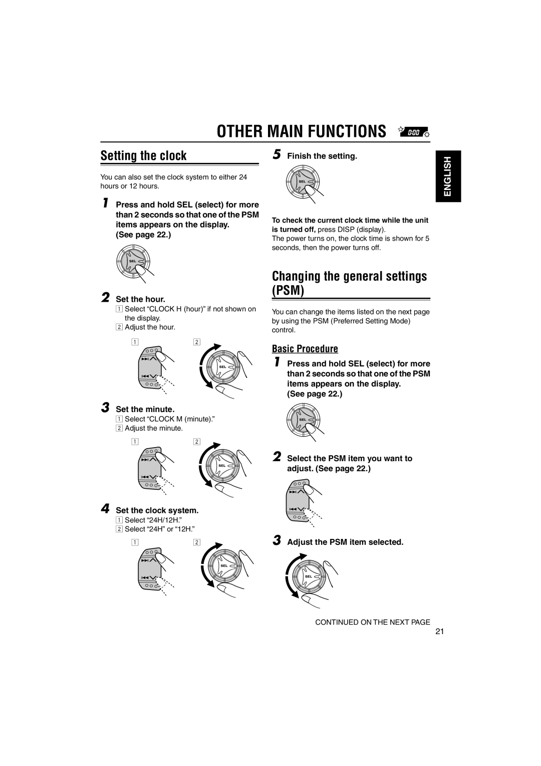 JVC KD-S735R manual Other Main Functions, Setting the clock, Changing the general settings PSM, Basic Procedure 