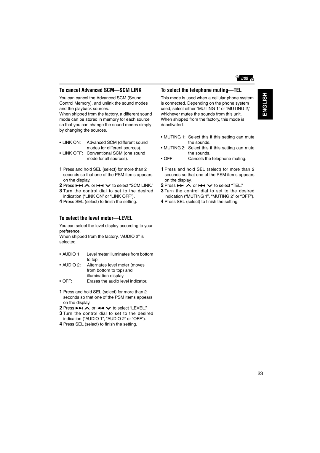 JVC KD-S735R manual To cancel Advanced SCM-SCM Link, To select the level meter-LEVEL, To select the telephone muting-TEL 