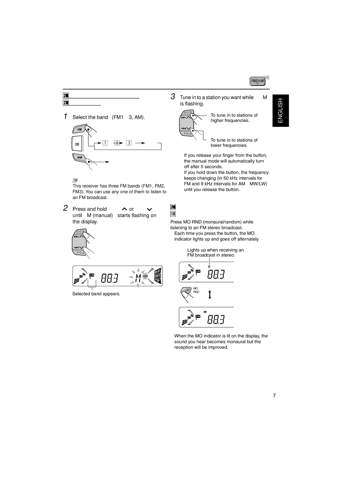 JVC KD-S735R Searching a station manually Manual search, When an FM stereo broadcast is hard to receive, Is flashing 