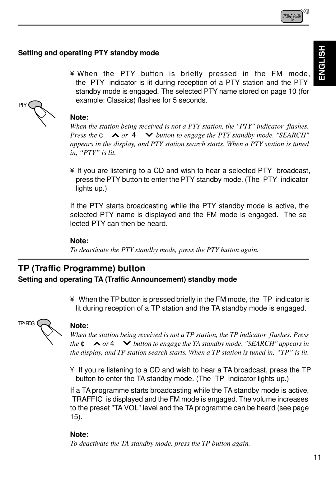 JVC KD-S707R, KD-S737R, KD-SX838R manual TP Traffic Programme button, Setting and operating PTY standby mode 