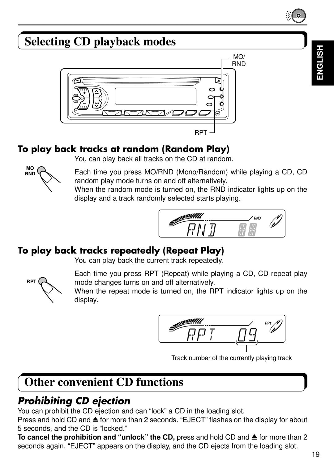 JVC KD-SX838R, KD-S737R, KD-S707R manual Selecting CD playback modes, Other convenient CD functions, Prohibiting CD ejection 