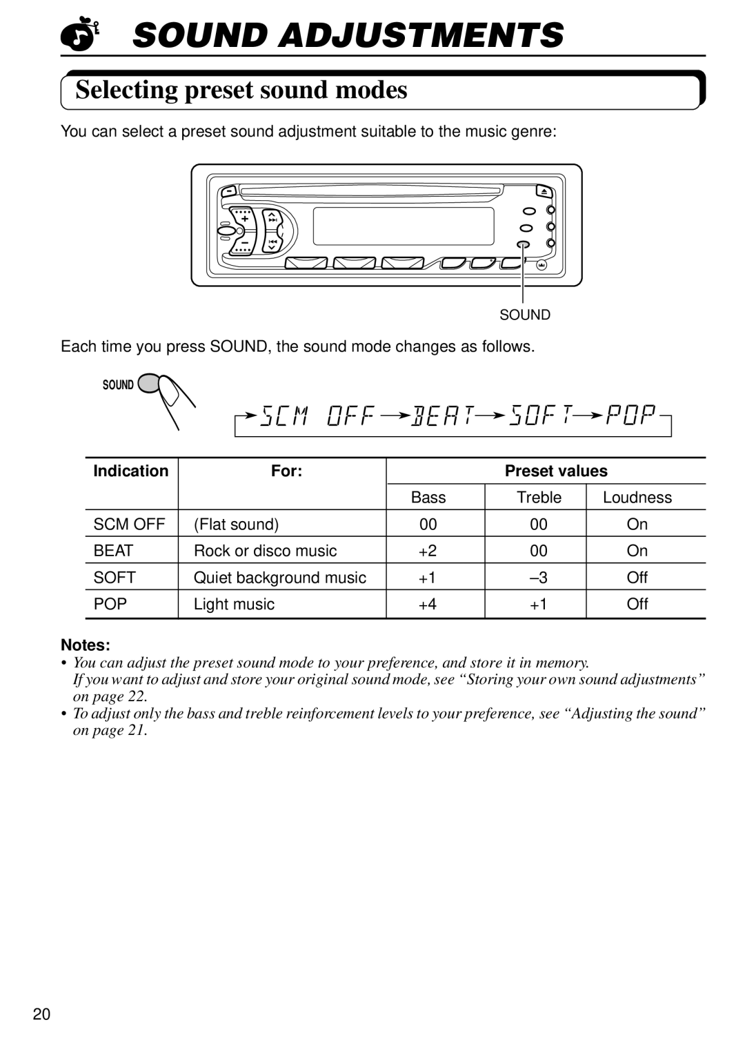 JVC KD-S707R, KD-S737R, KD-SX838R manual Sound Adjustments, Selecting preset sound modes, Indication For Preset values 