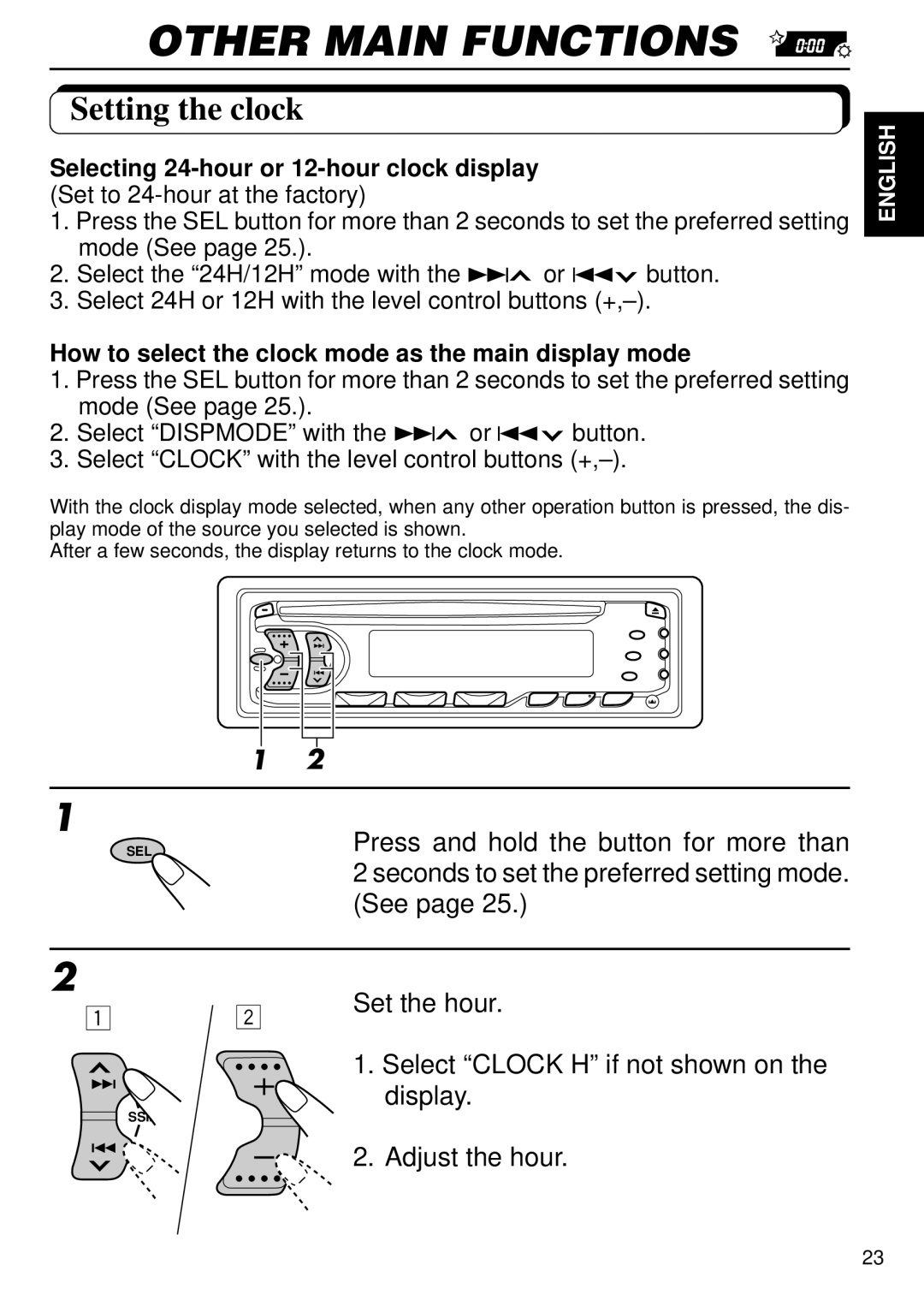 JVC KD-S707R, KD-S737R, KD-SX838R manual Other Main Functions, Setting the clock 