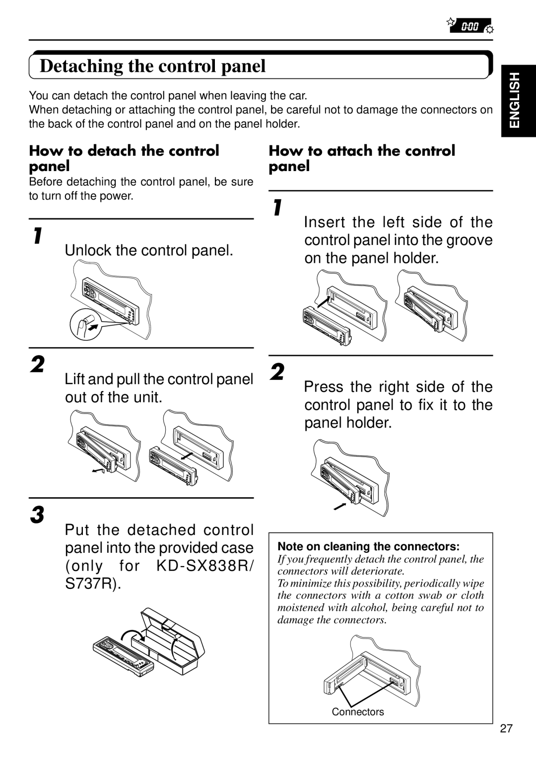 JVC KD-S737R, KD-SX838R, KD-S707R Detaching the control panel, Unlock the control panel, How to detach the control panel 