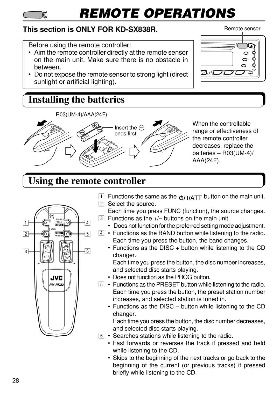 JVC manual Remote Operations, Installing the batteries, Using the remote controller, This section is only for KD-SX838R 