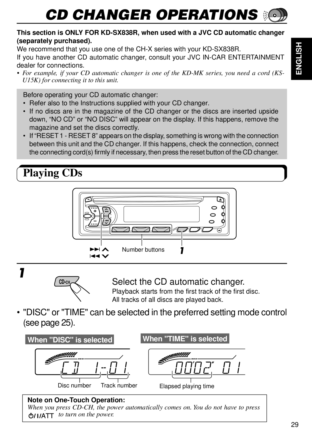 JVC KD-S707R, KD-S737R, KD-SX838R manual CD Changer Operations, Playing CDs, All tracks of all discs are played back 