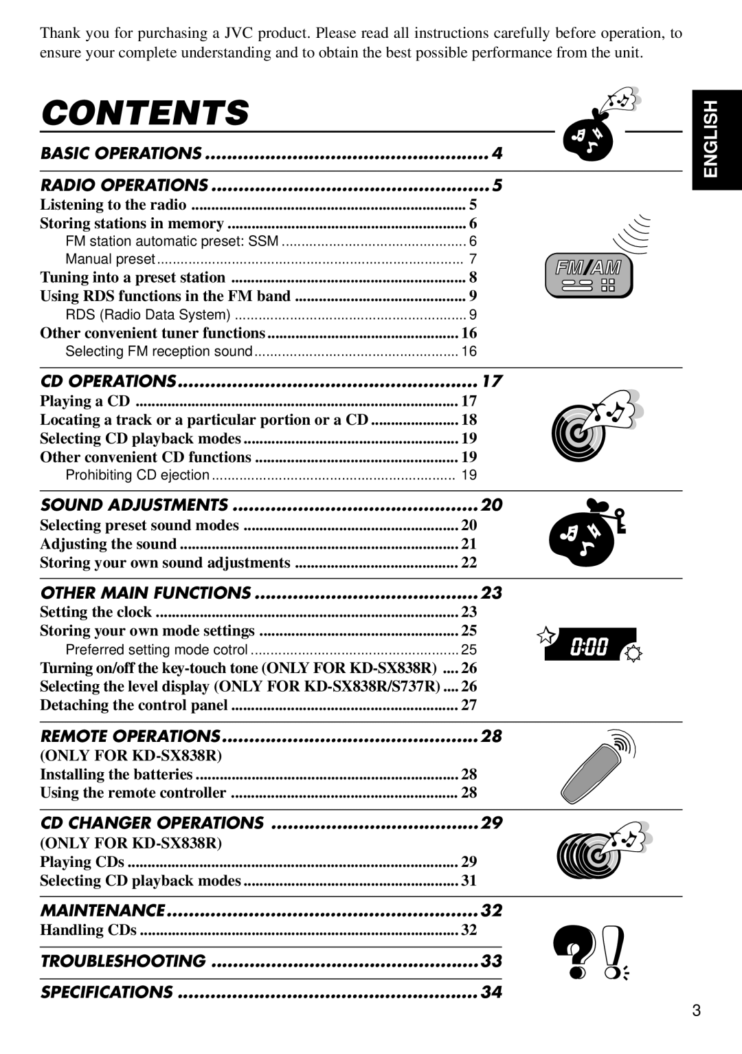 JVC KD-S737R, KD-SX838R, KD-S707R manual Contents 