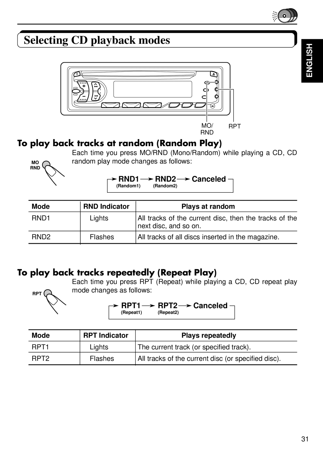 JVC KD-SX838R, KD-S737R, KD-S707R manual Selecting CD playback modes English, Canceled, Mode RND Indicator Plays at random 