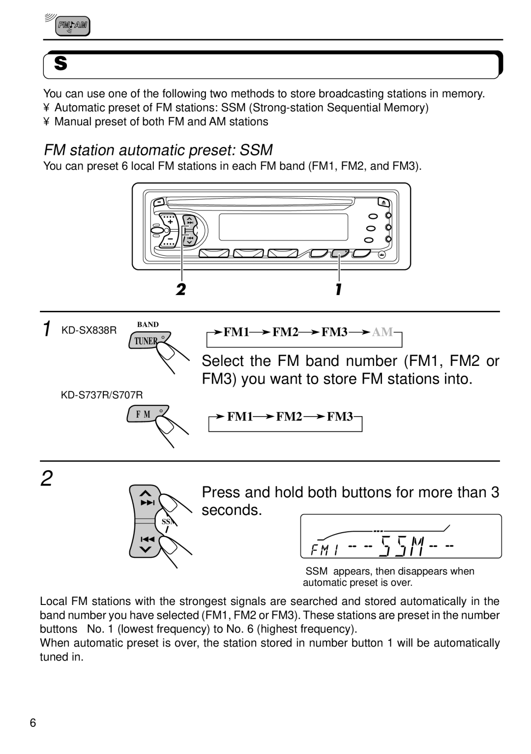 JVC KD-S737R, KD-SX838R, KD-S707R manual Storing stations in memory, FM station automatic preset SSM 
