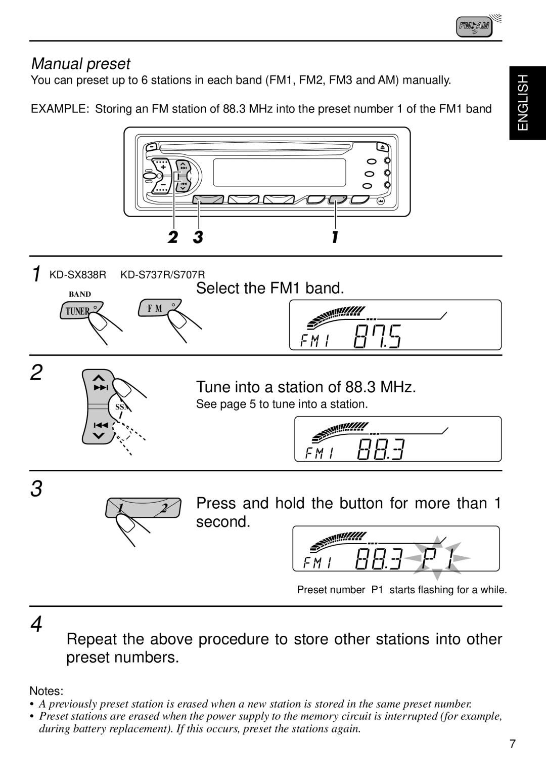 JVC KD-SX838R, KD-S737R Manual preset, Tune into a station of 88.3 MHz, Press and hold the button for more than, Second 