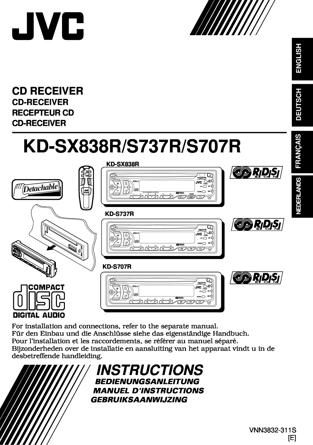 JVC manual Instructions, Cd-Receiver Recepteur Cd Cd-Receiver, KD-SX838R/S737R/S707R, Cd Receiver, Gebruiksaanwijzing 