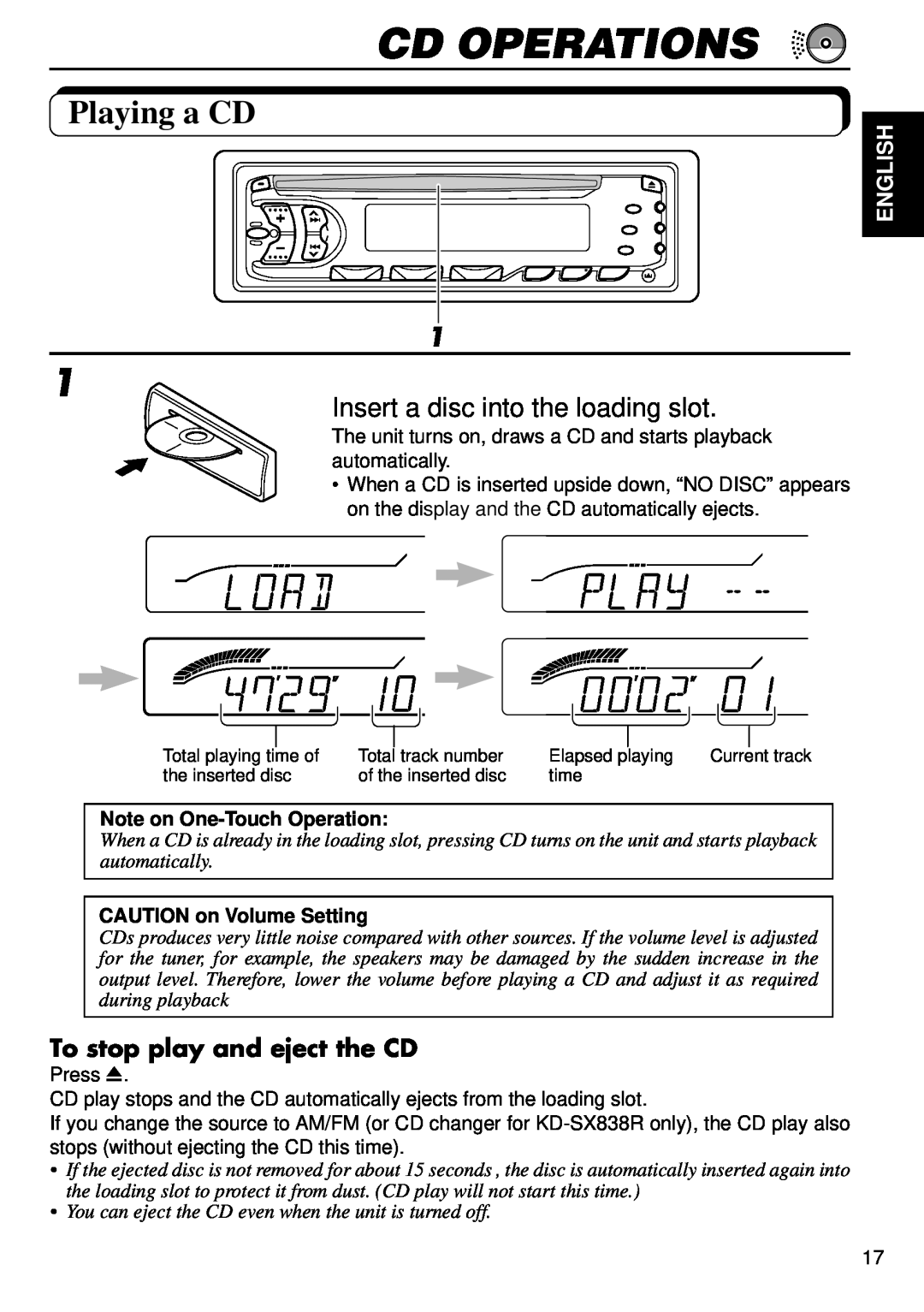 JVC KD-S707R Cd Operations, Playing a CD, Insert a disc into the loading slot, To stop play and eject the CD, English 