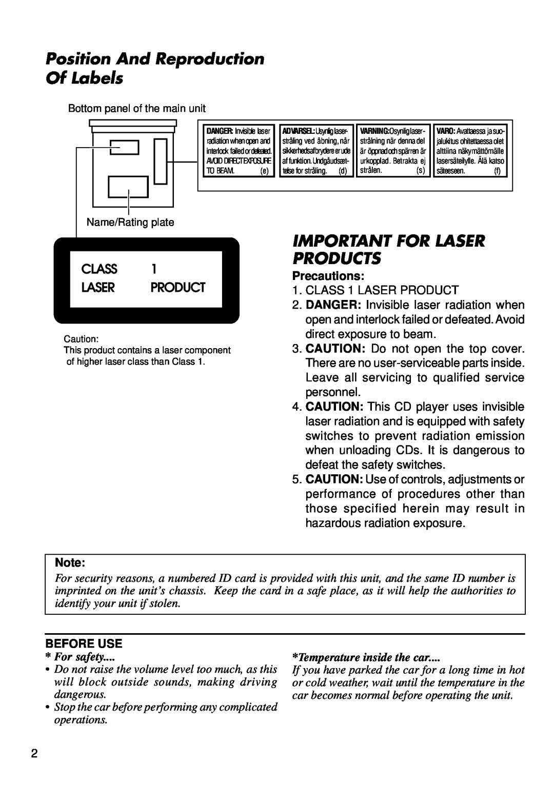JVC KD-S707R, KD-S737R Position And Reproduction Of Labels, Important For Laser Products, Class Laser Product, Precautions 