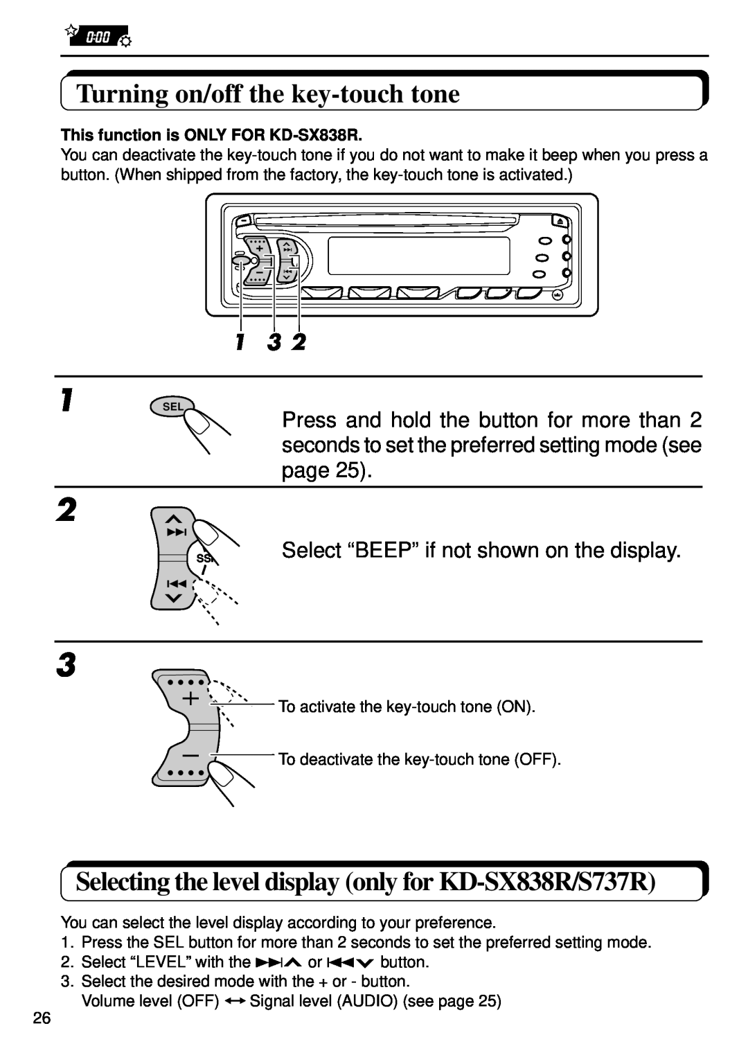 JVC KD-S707R, KD-S737R, KD-SX838R manual Turning on/off the key-touchtone, Select “BEEP” if not shown on the display 