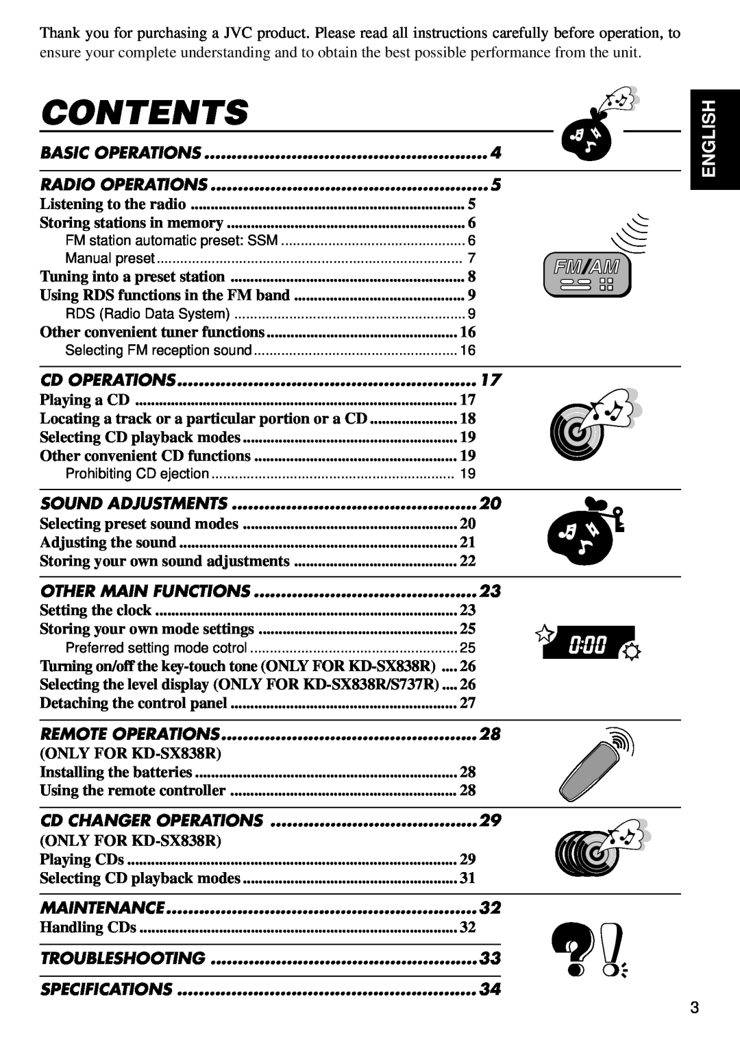 JVC KD-S737R, KD-SX838R, KD-S707R manual Contents, English 