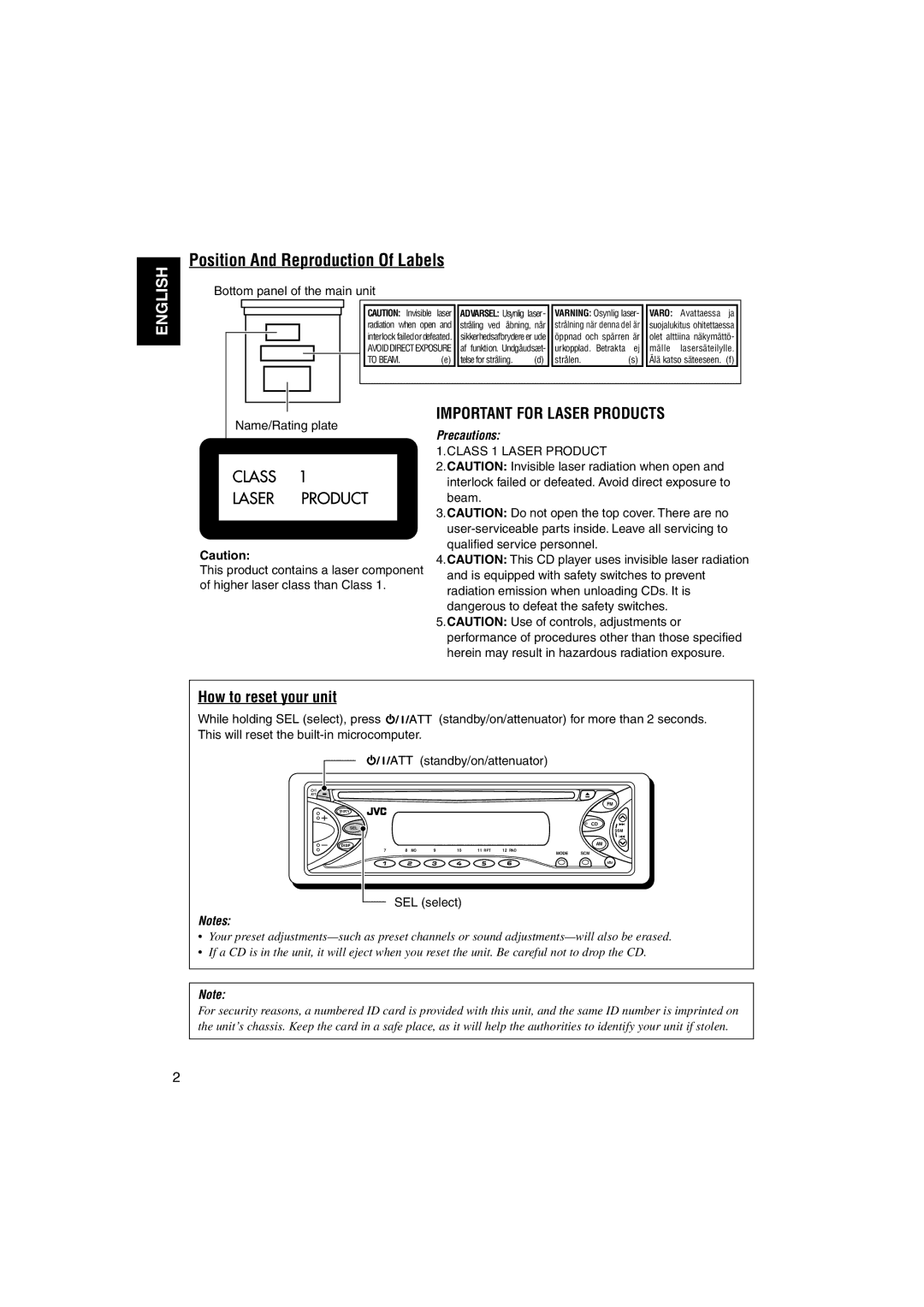 JVC KD-S741R, KD-S73R, KD-S71R, KD-S743R manual Position And Reproduction Of Labels, How to reset your unit, Precautions 