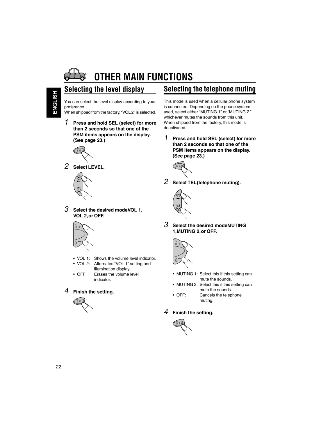 JVC KD-S741R, KD-S73R, KD-S71R, KD-S743R manual Other Main Functions, Selecting the telephone muting 