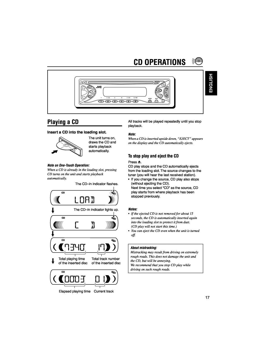 JVC KD-S71R manual Cd Operations, Playing a CD, To stop play and eject the CD, English, Insert a CD into the loading slot 