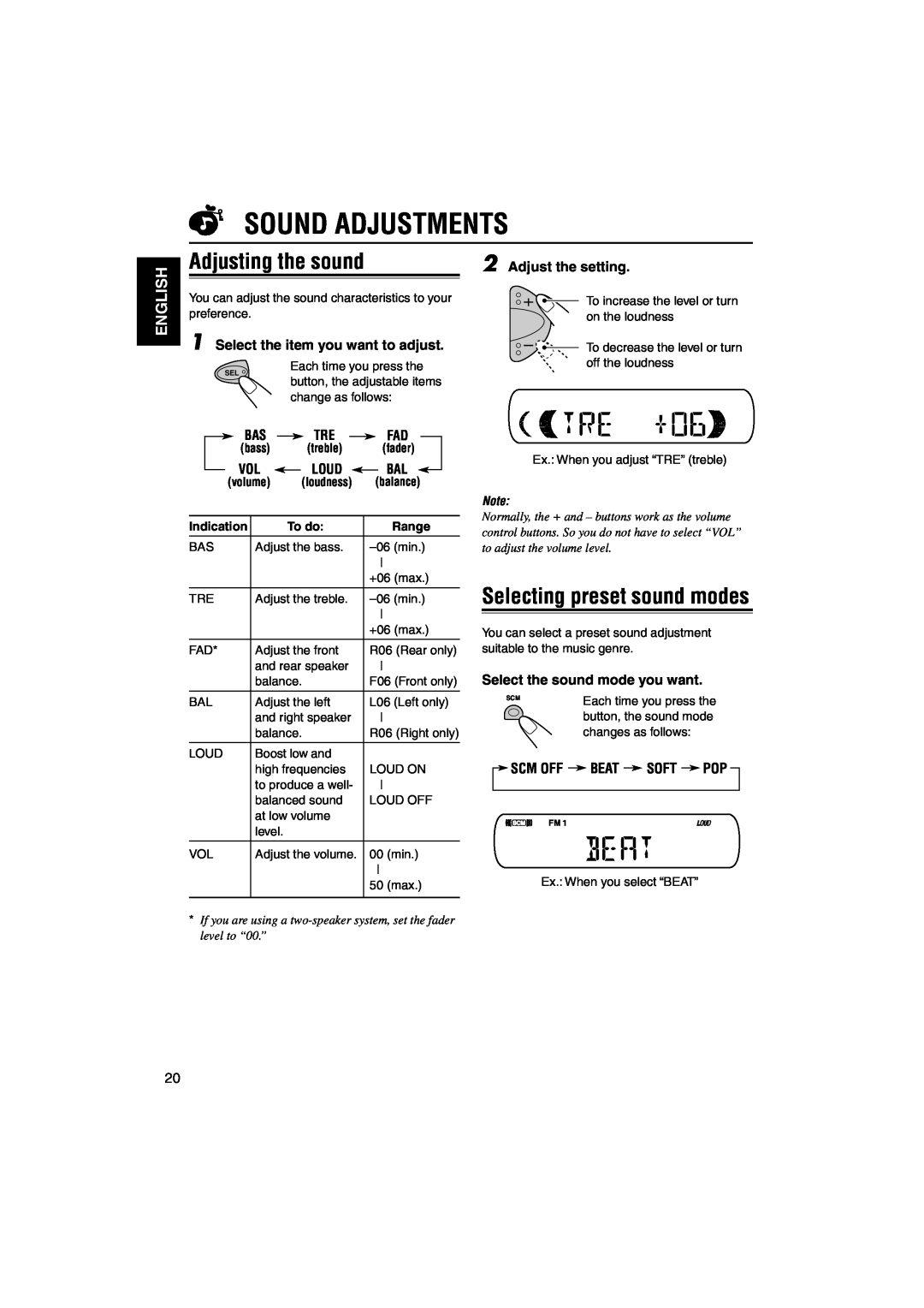 JVC KD-S73R Sound Adjustments, Adjusting the sound, Selecting preset sound modes, Adjust the setting, English, Bas Tre Fad 