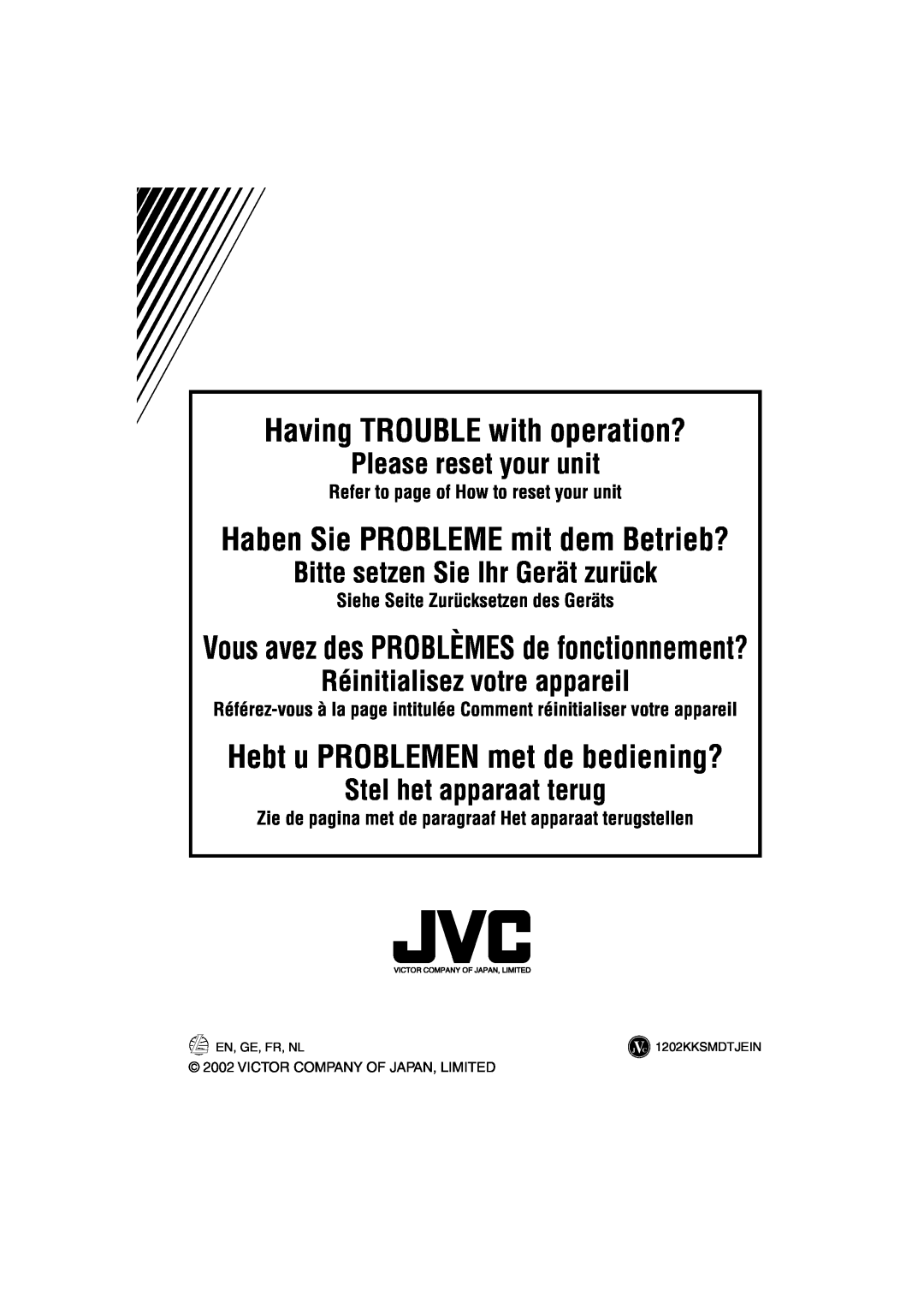 JVC KD-S73R, KD-S71R, KD-S741R Having TROUBLE with operation?, Please reset your unit, Bitte setzen Sie Ihr Gerät zurück 