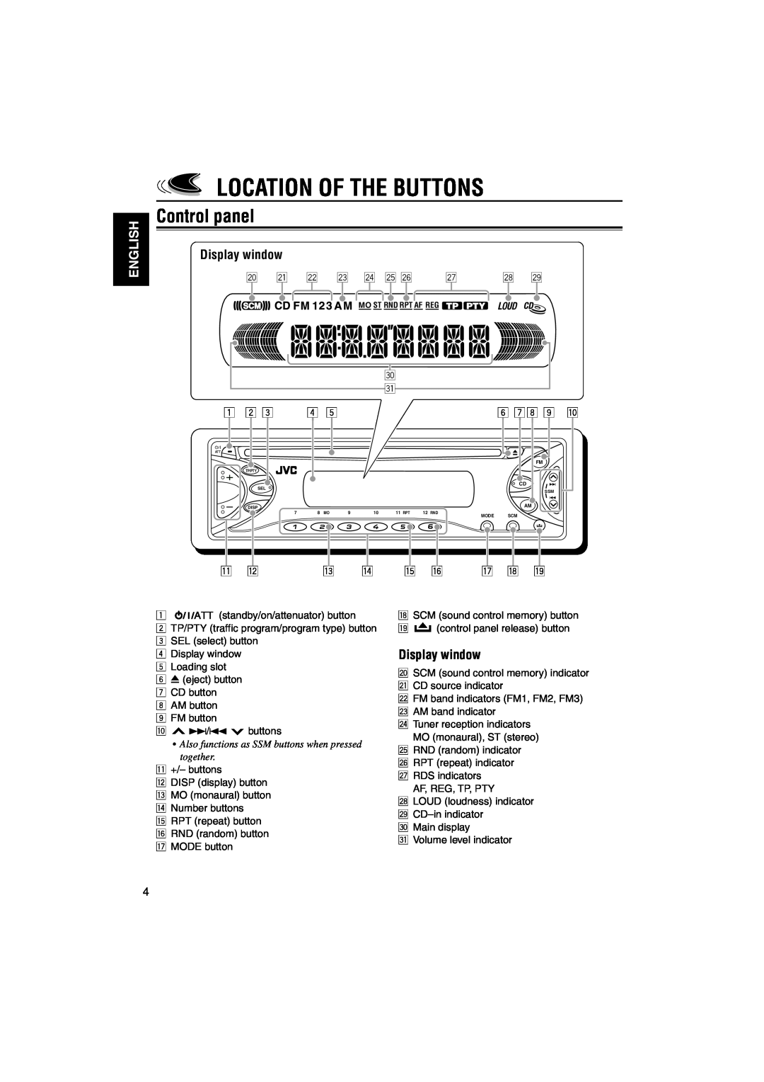 JVC KD-S73R, KD-S71R, KD-S741R, KD-S743R manual Location Of The Buttons, Control panel, Display window, English 