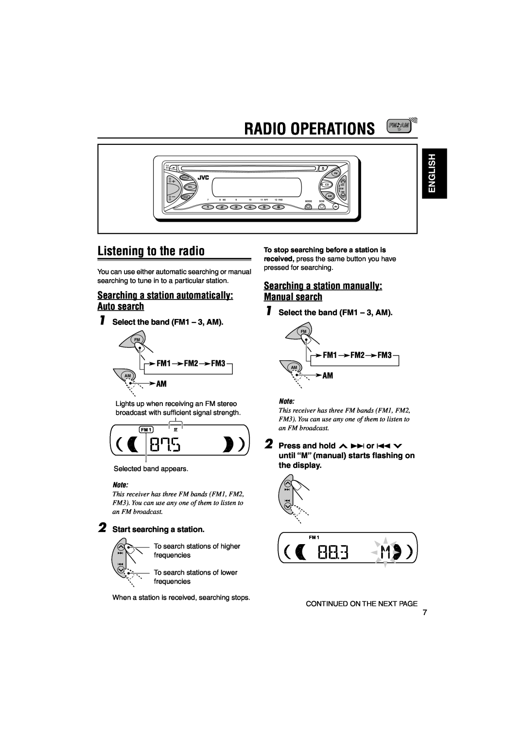 JVC KD-S743R Radio Operations, Listening to the radio, Searching a station automatically Auto search, English, FM1 FM2 FM3 