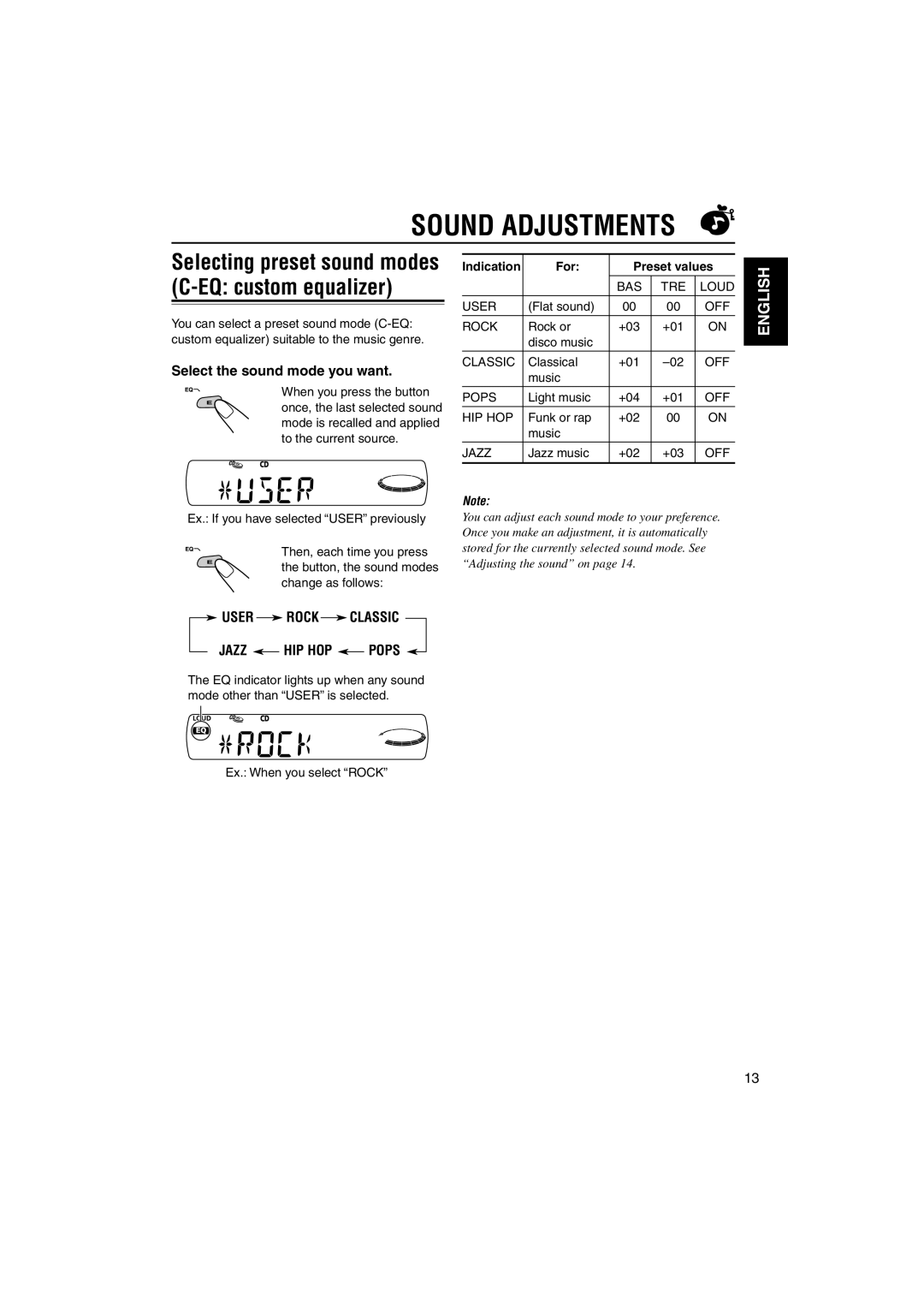 JVC KD-S747 manual Sound Adjustments, Selecting preset sound modes C-EQ custom equalizer, Select the sound mode you want 