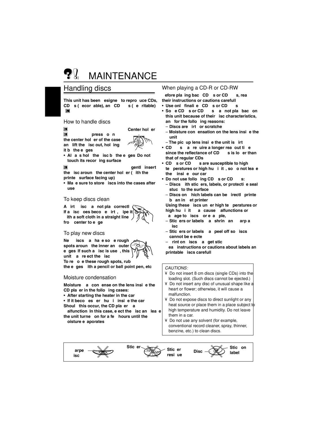 JVC KD-S747 manual Maintenance, Handling discs 