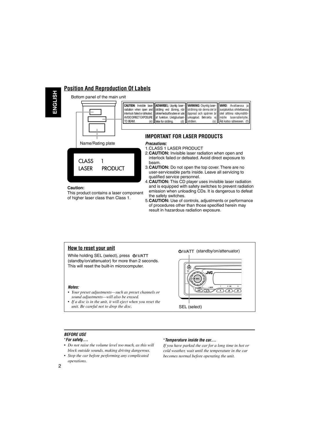 JVC KD-S747 Position And Reproduction Of Labels, How to reset your unit, Bottom panel of the main unit, Name/Rating plate 