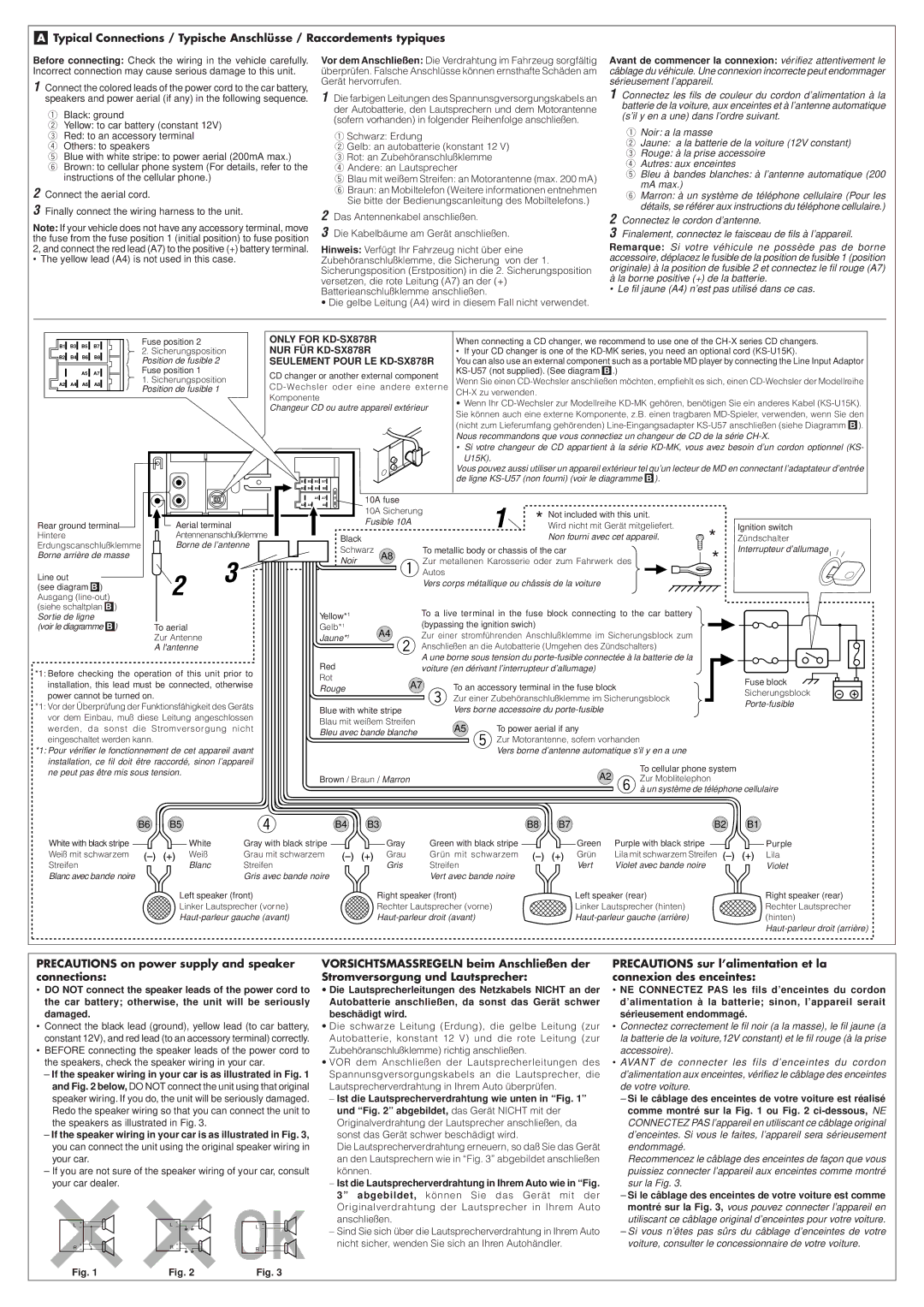 JVC KD-S777R manual Precautions on power supply and speaker connections, Only for KD-SX878R, NUR FÜR KD-SX878R 