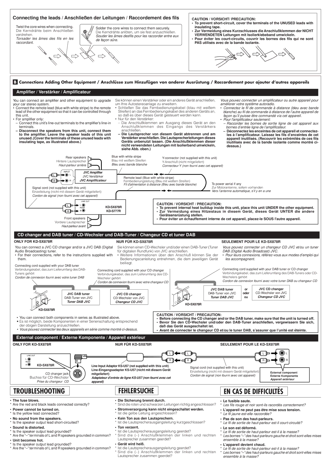 JVC KD-S777R manual Troubleshooting Fehlersuche EN CAS DE Difficultés, Only for KD-SX878R NUR FÜR KD-SX878R 