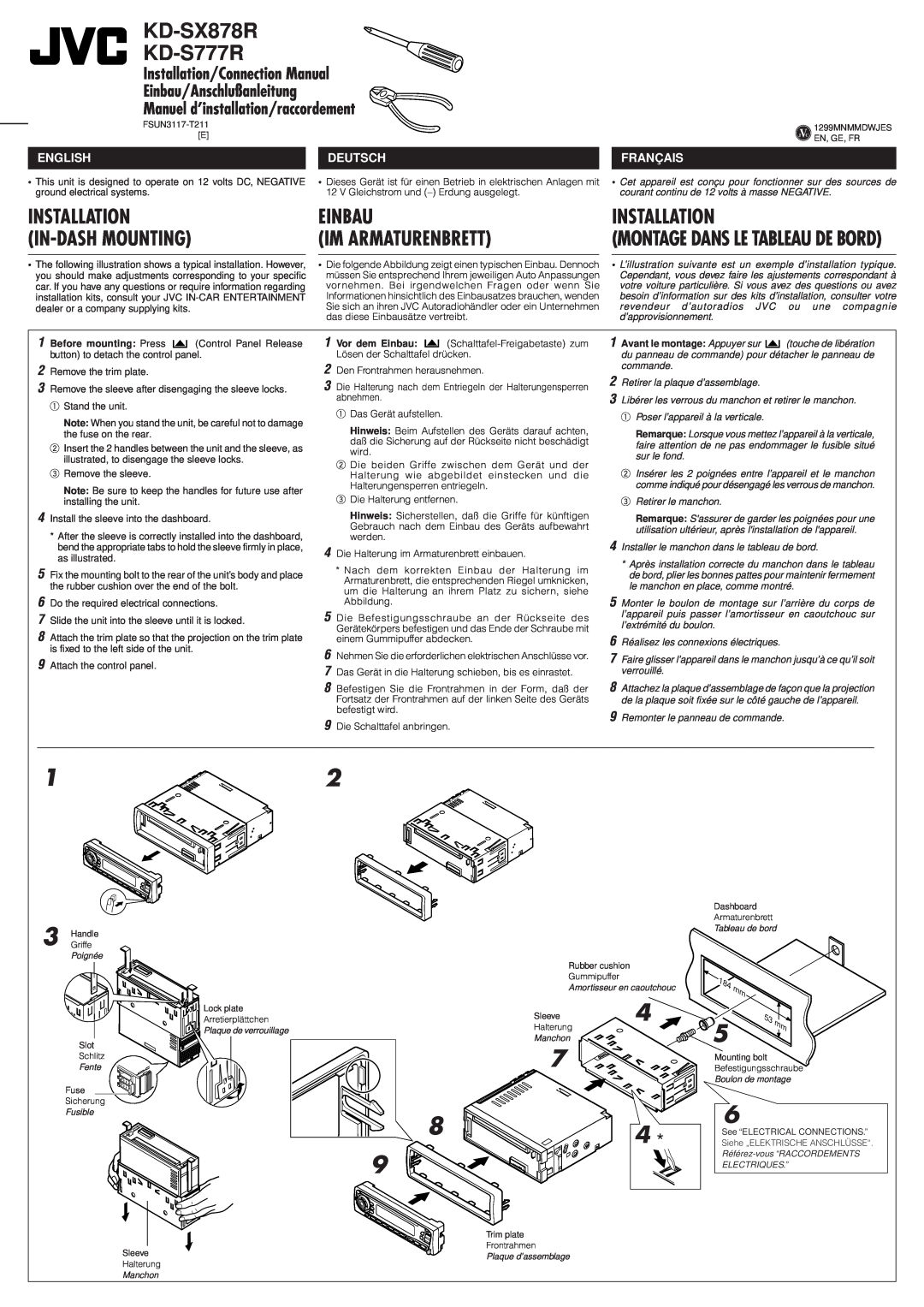 JVC manual Einbau Im Armaturenbrett, Installation, English, Deutsch, Français, KD-SX878R KD-S777R 