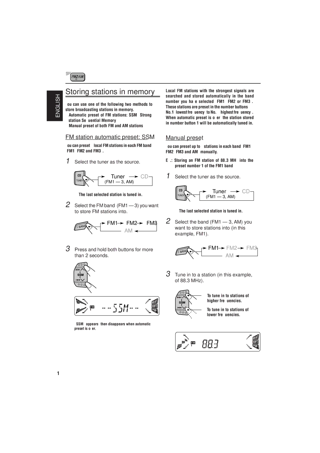 JVC KD-S785 manual FM station automatic preset SSM, Manual preset 