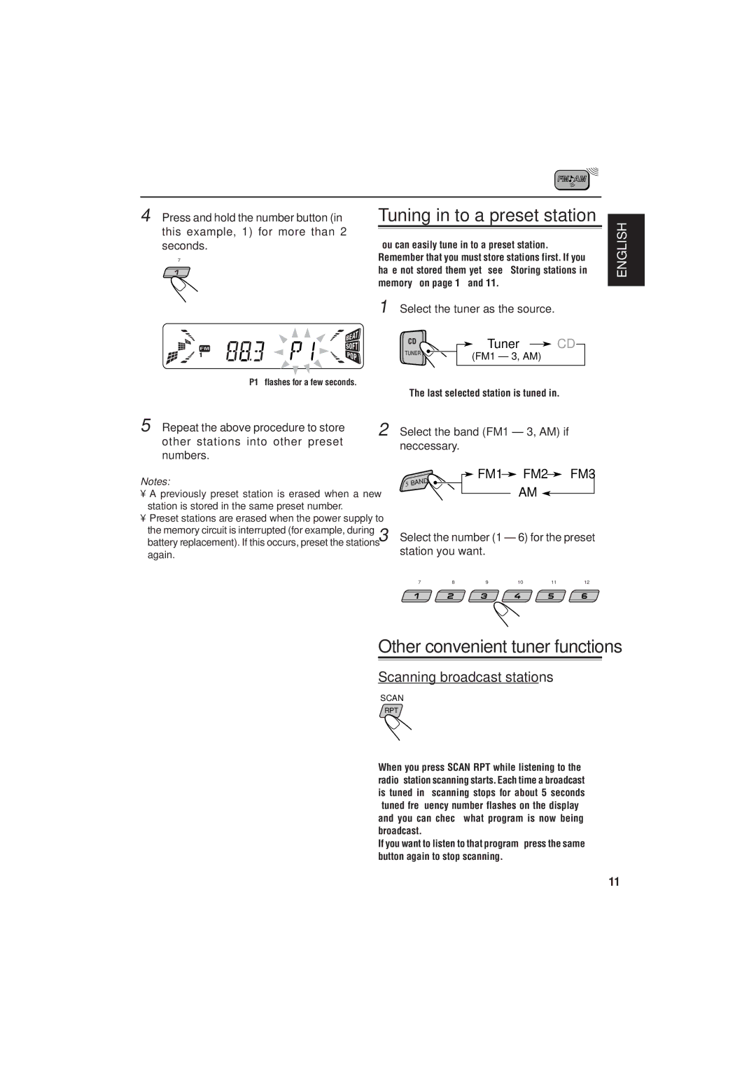 JVC KD-S785 manual Scanning broadcast stations, Select the number 1 6 for the preset station you want 