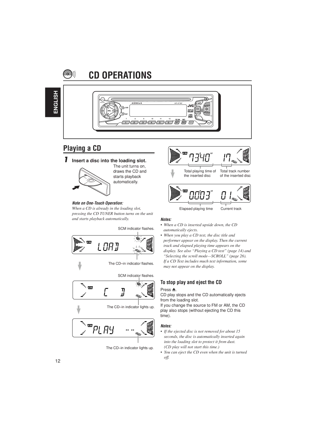 JVC KD-S785 manual CD Operations, Playing a CD, To stop play and eject the CD, Insert a disc into the loading slot 