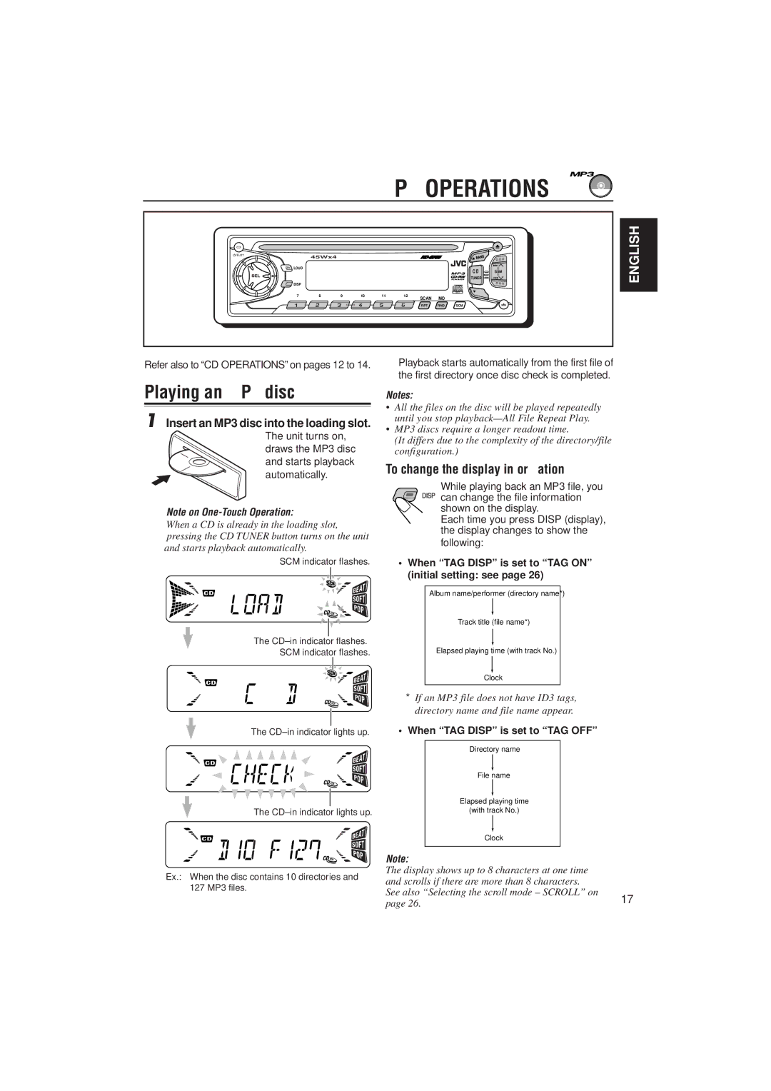 JVC KD-S785 manual MP3 Operations, Playing an MP3 disc, To change the display information 