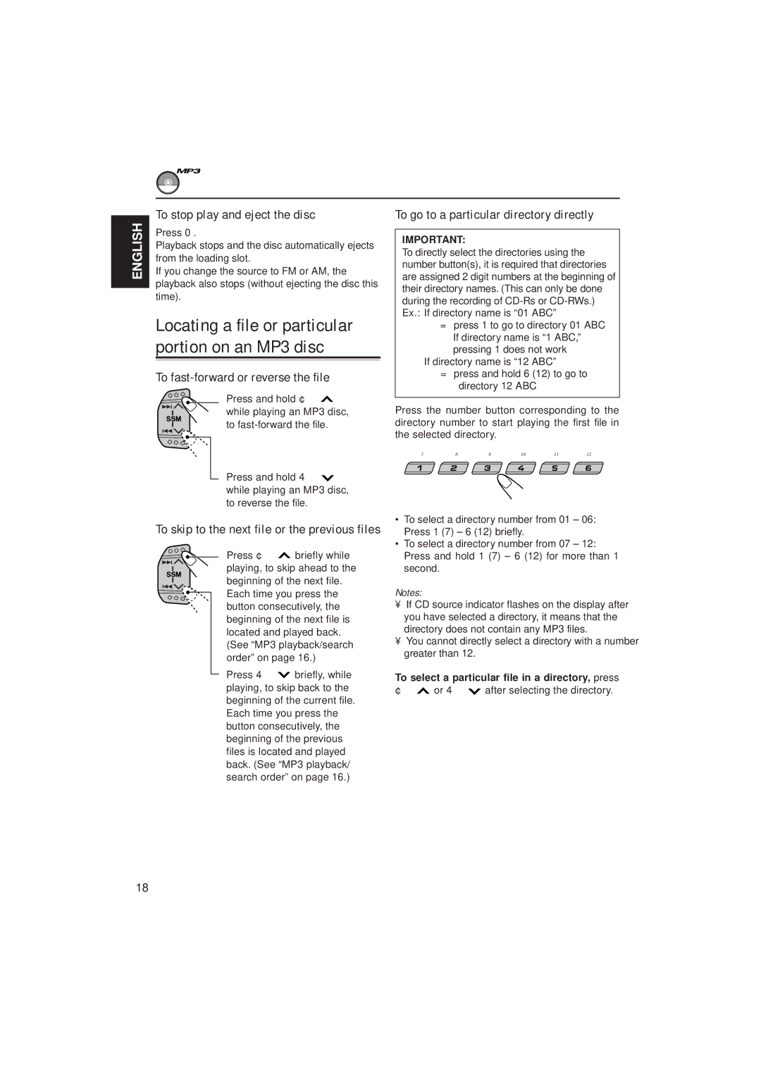 JVC KD-S785 To stop play and eject the disc, To fast-forward or reverse the file, To go to a particular directory directly 