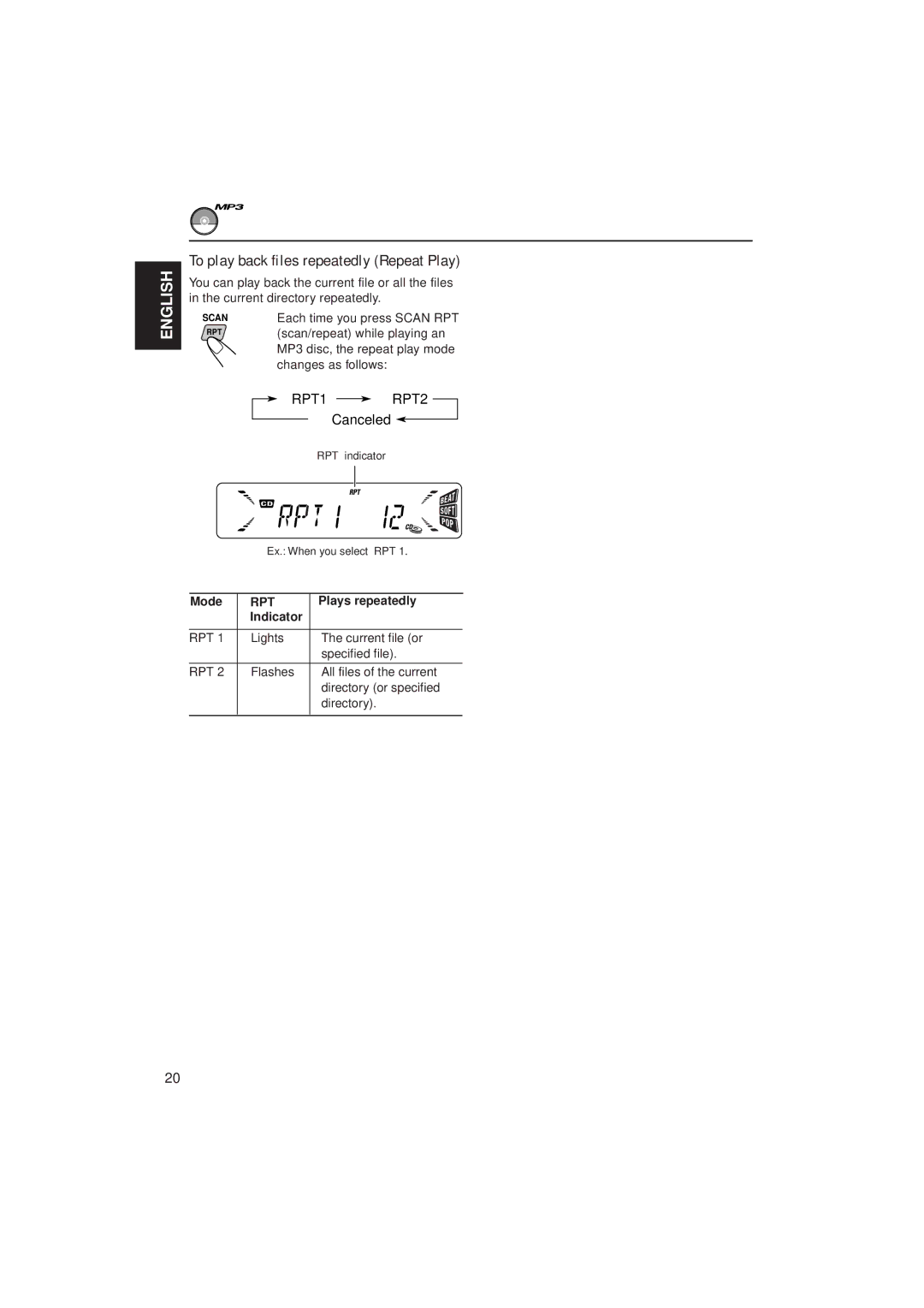 JVC KD-S785 manual To play back files repeatedly Repeat Play, Plays repeatedly, Lights Current file or Specified file 