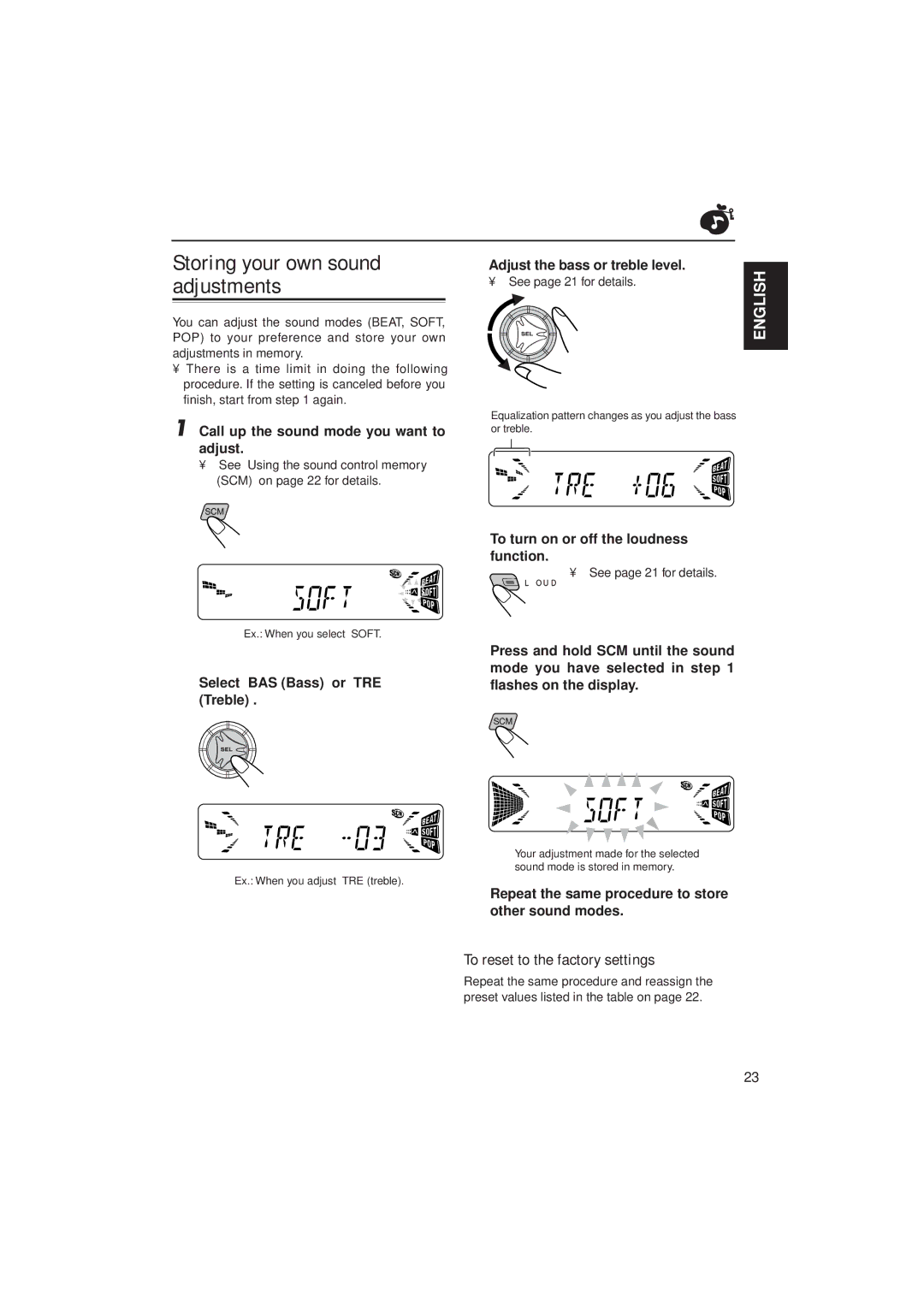 JVC KD-S785 manual Storing your own sound, Adjustments, To reset to the factory settings 