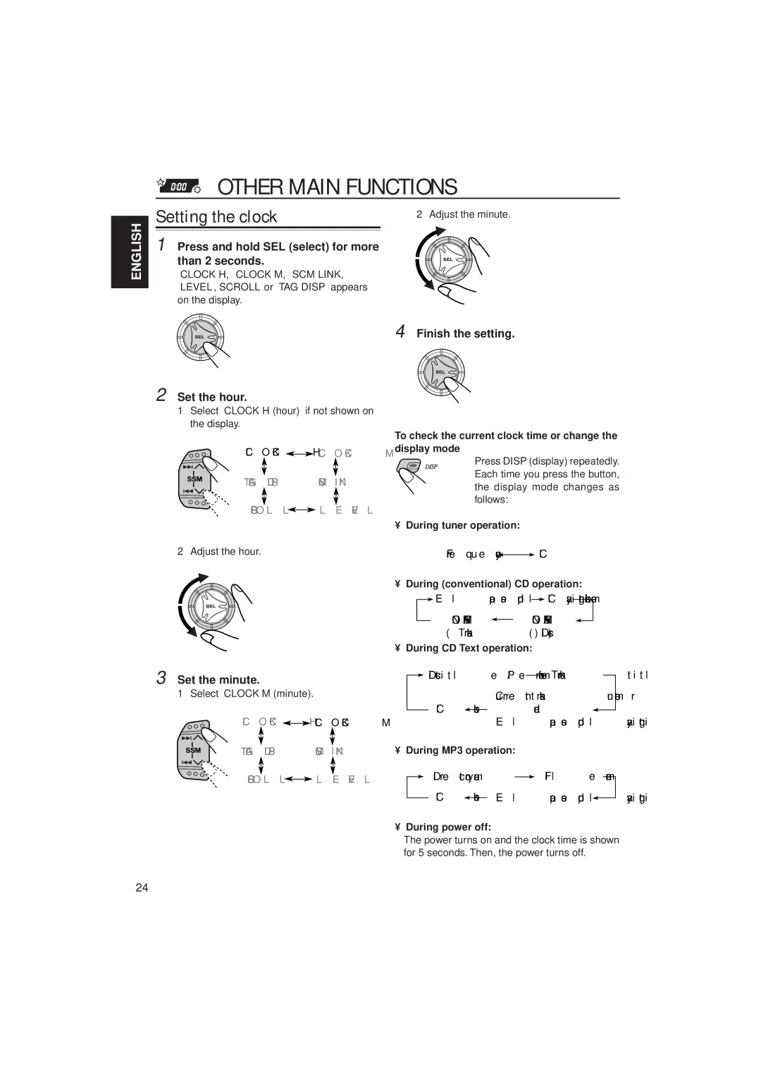 JVC KD-S785 manual Other Main Functions, Setting the clock 