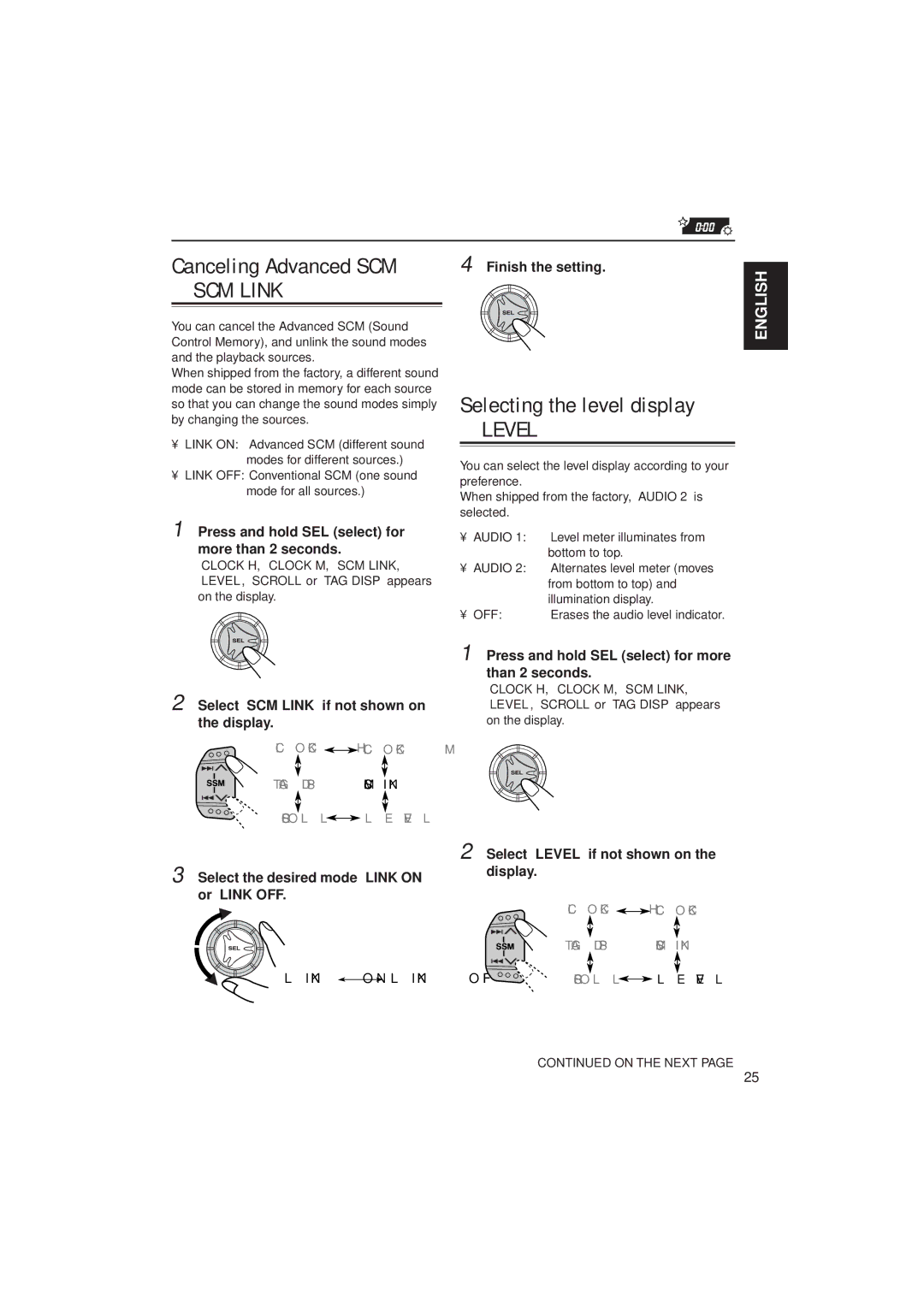 JVC KD-S785 Canceling Advanced SCM -SCM Link, Selecting the level display, Select SCM Link if not shown on the display 