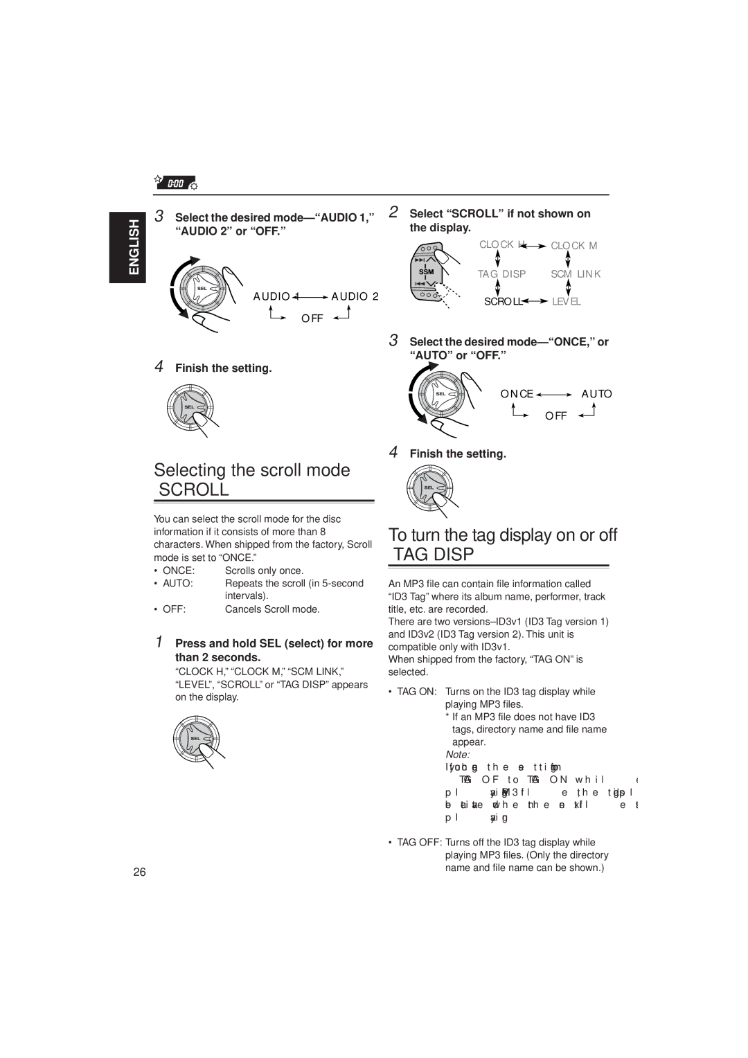 JVC KD-S785 manual Selecting the scroll mode, Audio 2 or OFF, Select Scroll if not shown on the display 