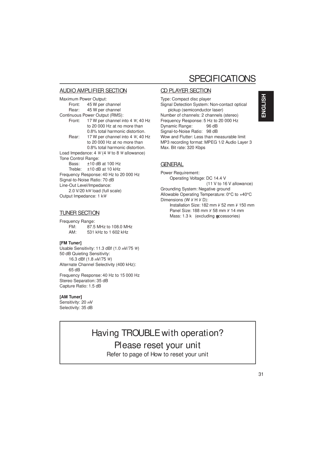 JVC KD-S785 manual Specifications, FM Tuner, AM Tuner 