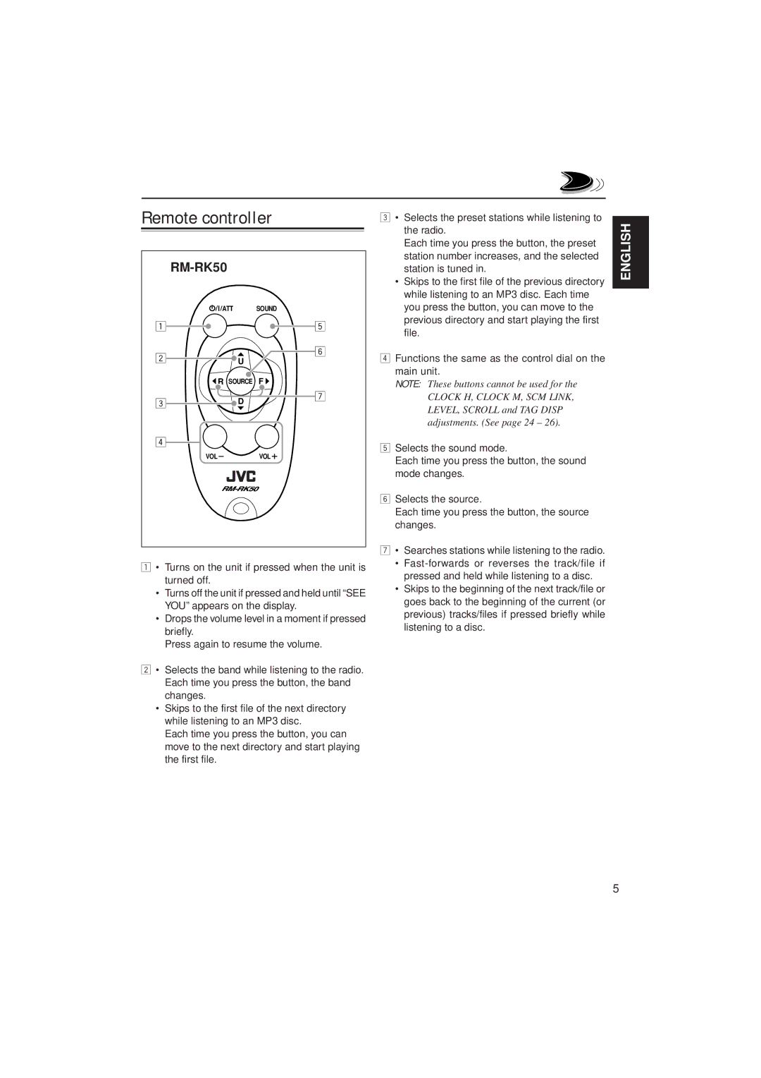 JVC KD-S785 manual Remote controller, RM-RK50 