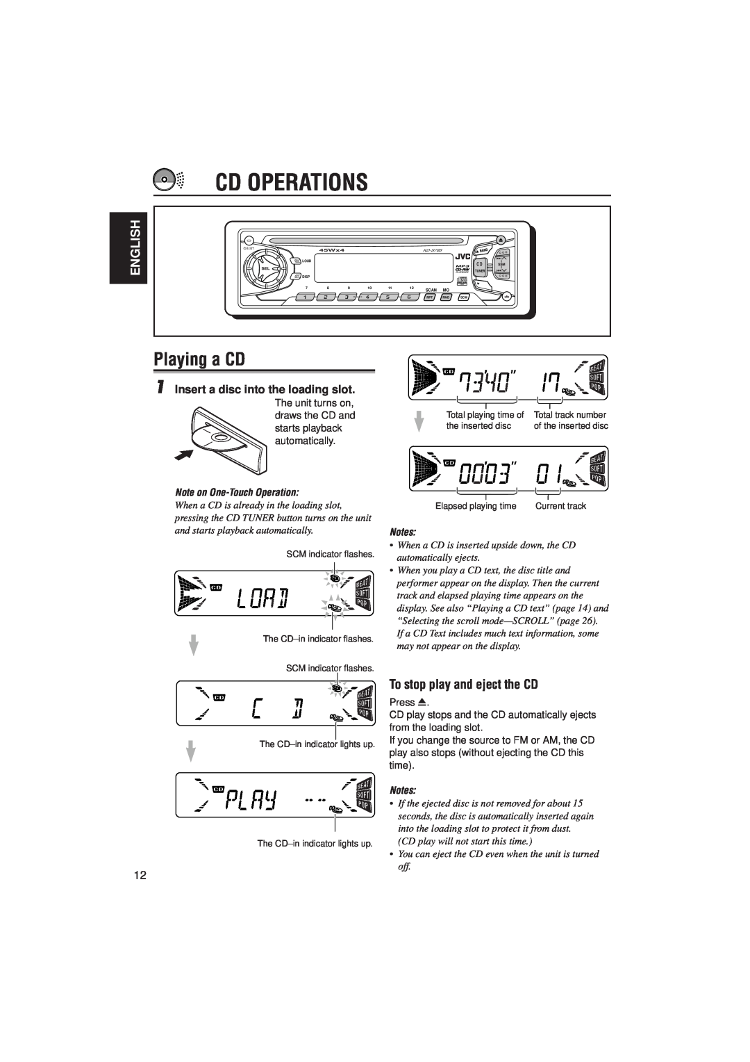 JVC KD-S785 manual Cd Operations, Playing a CD, To stop play and eject the CD, Insert a disc into the loading slot, English 