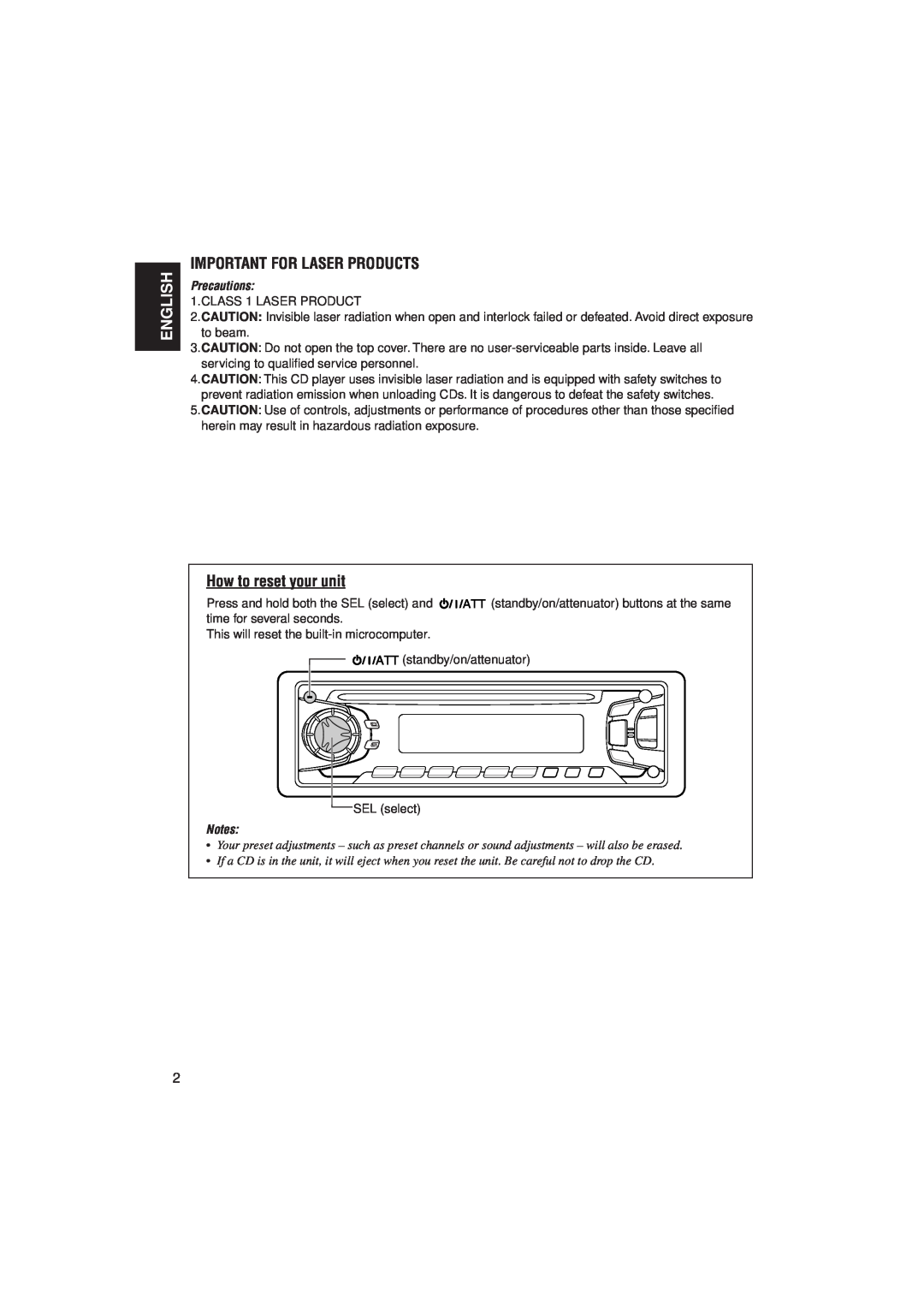 JVC KD-S785 manual Important For Laser Products, How to reset your unit, Precautions, English 