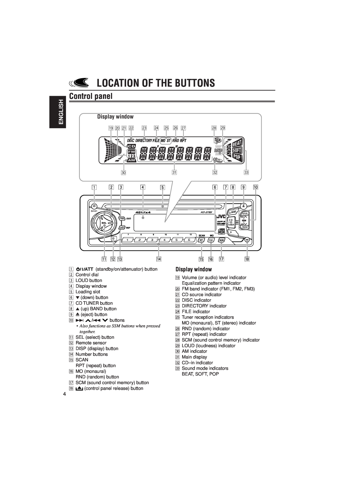 JVC KD-S785 manual Location Of The Buttons, Control panel, Display window, English 