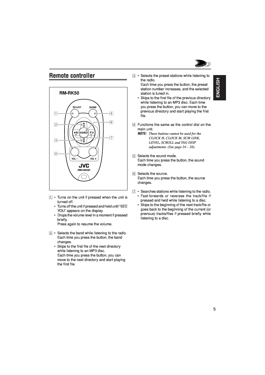 JVC KD-S785 manual Remote controller, RM-RK50, English 
