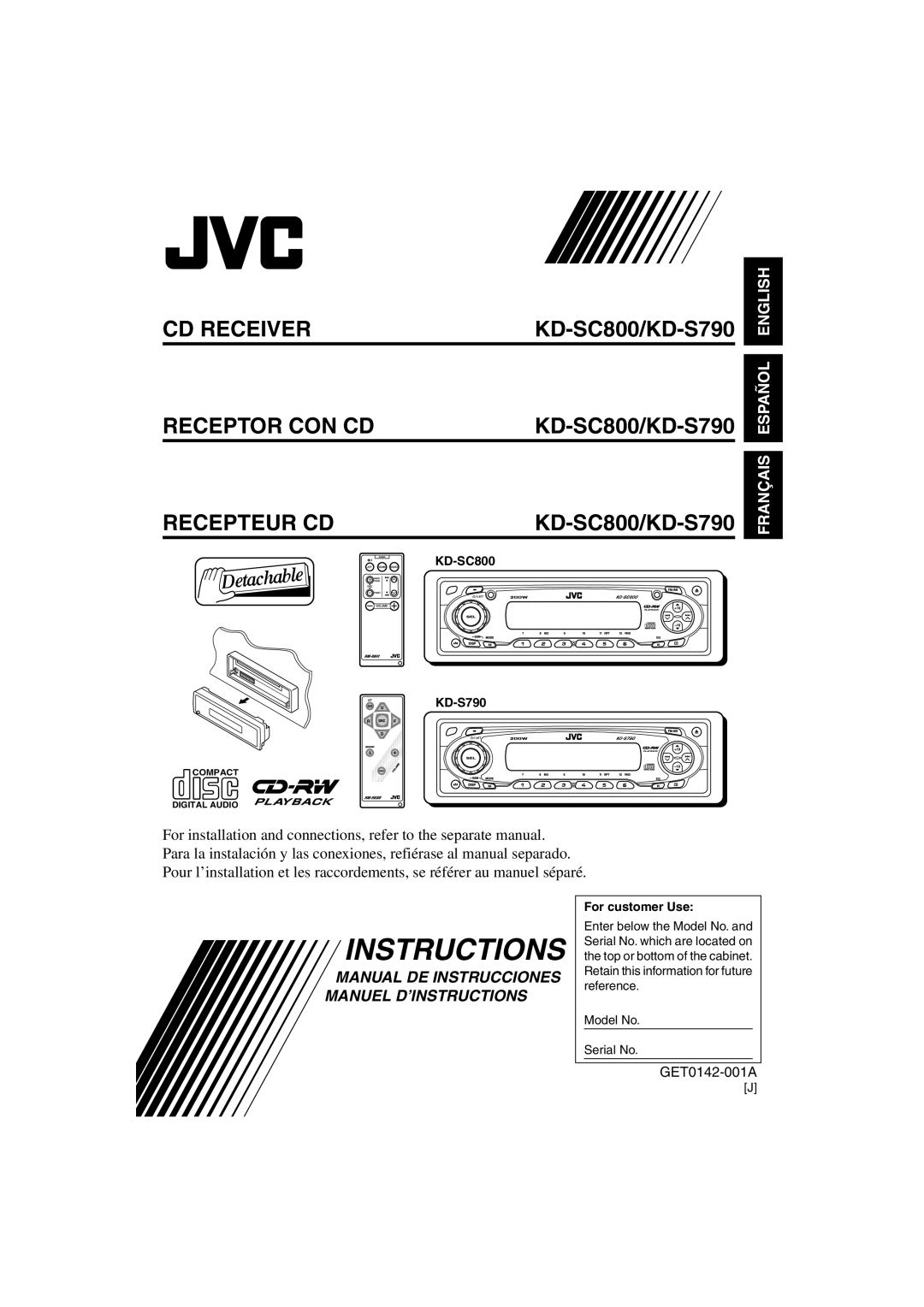 JVC KD-SC800 manual KD-S790, For customer Use 